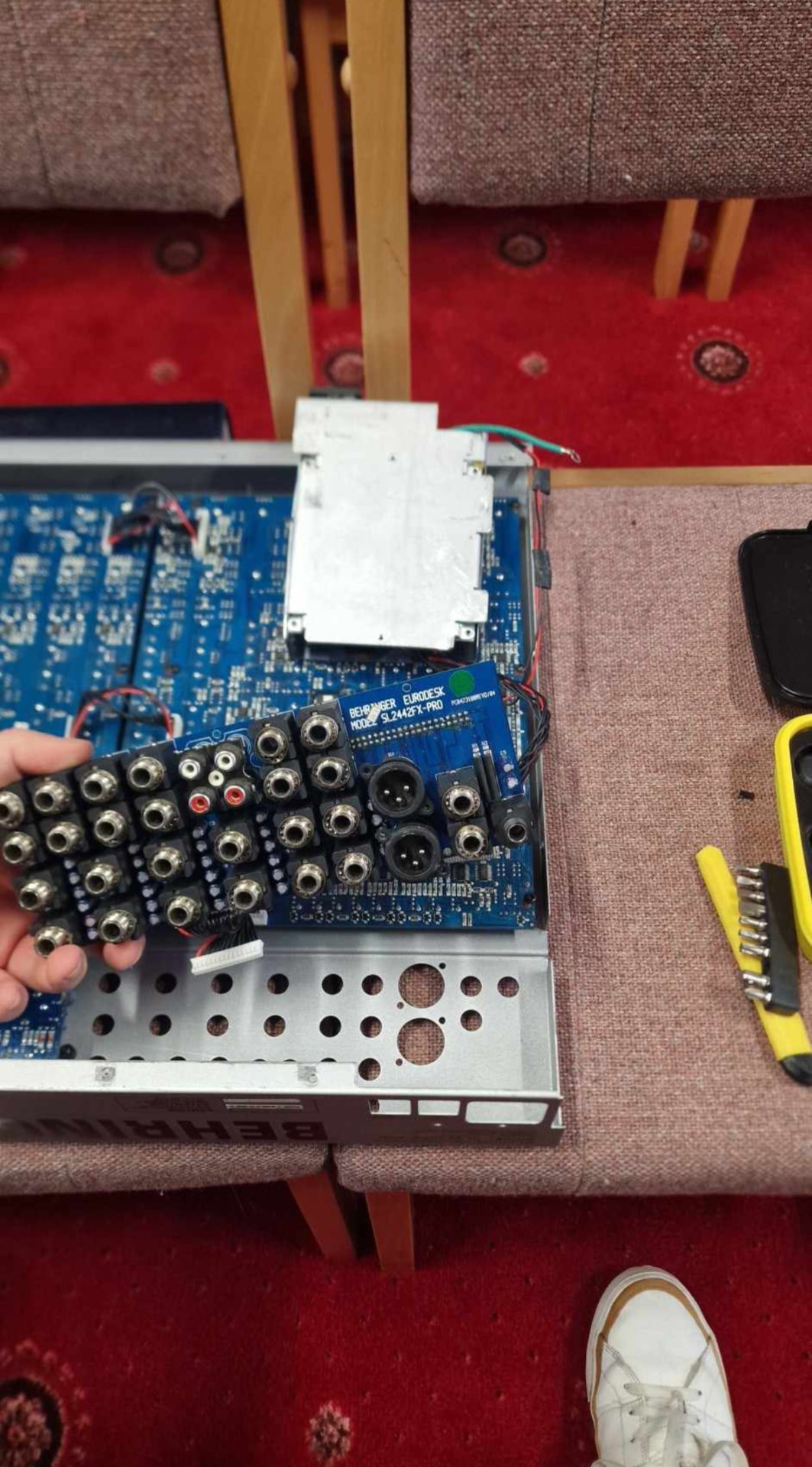 Open mixer channel board with connectors exposed for soldering